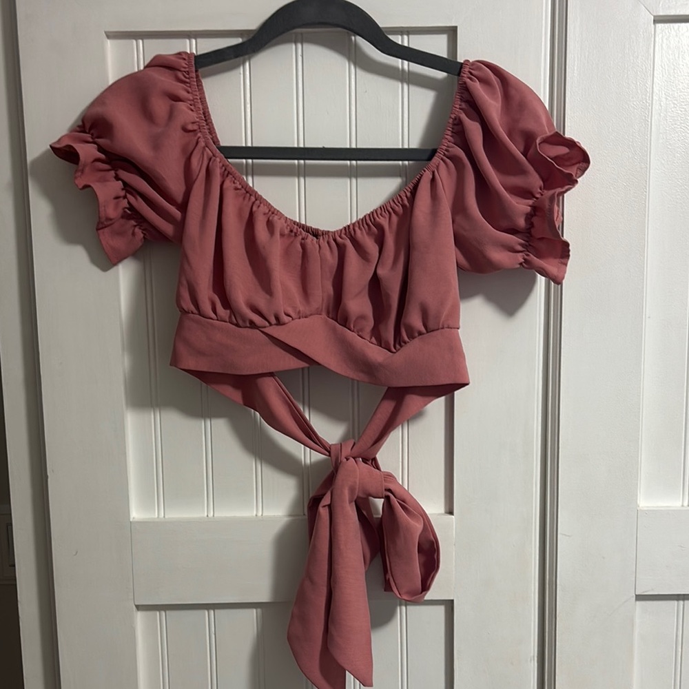 SHEIN Pink Puff Sleeve Ruched Blouse